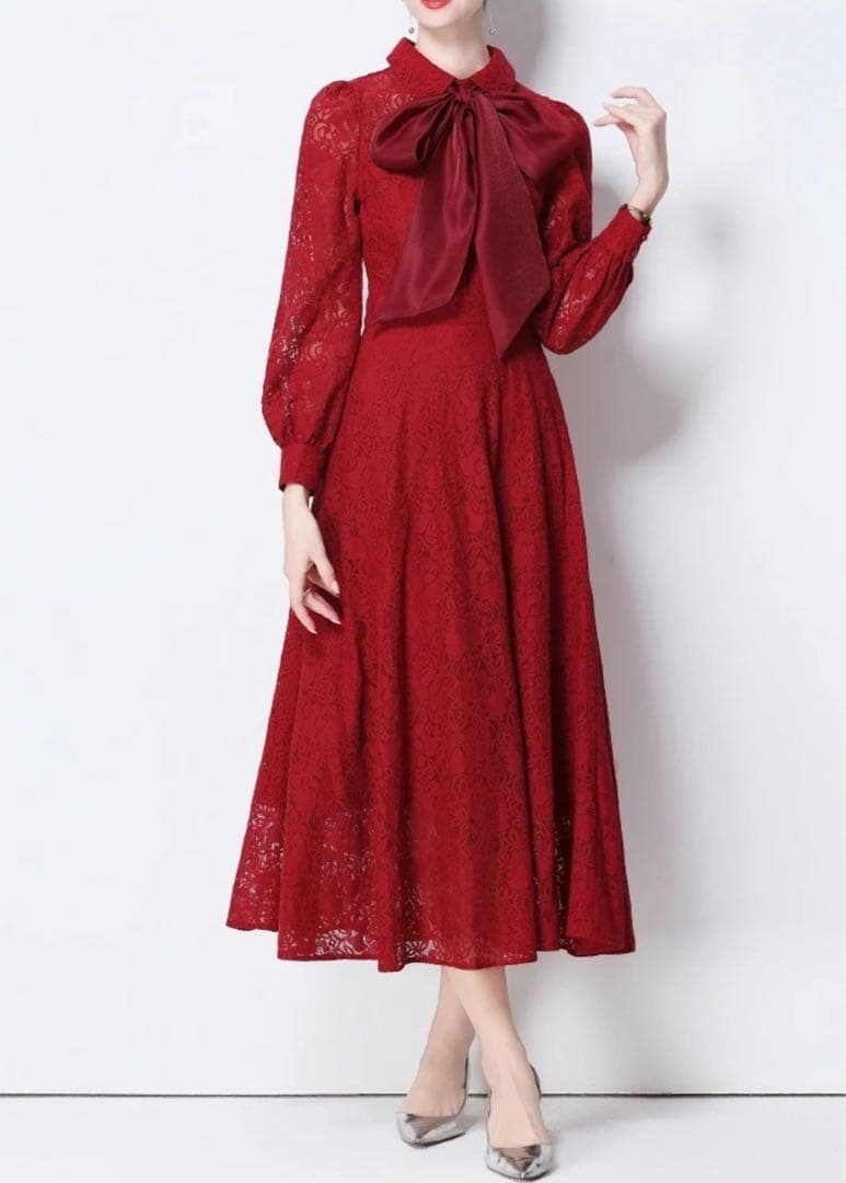 Wild Lily ボウタイリボン付き レッド パールボタン ワンピース ドレス