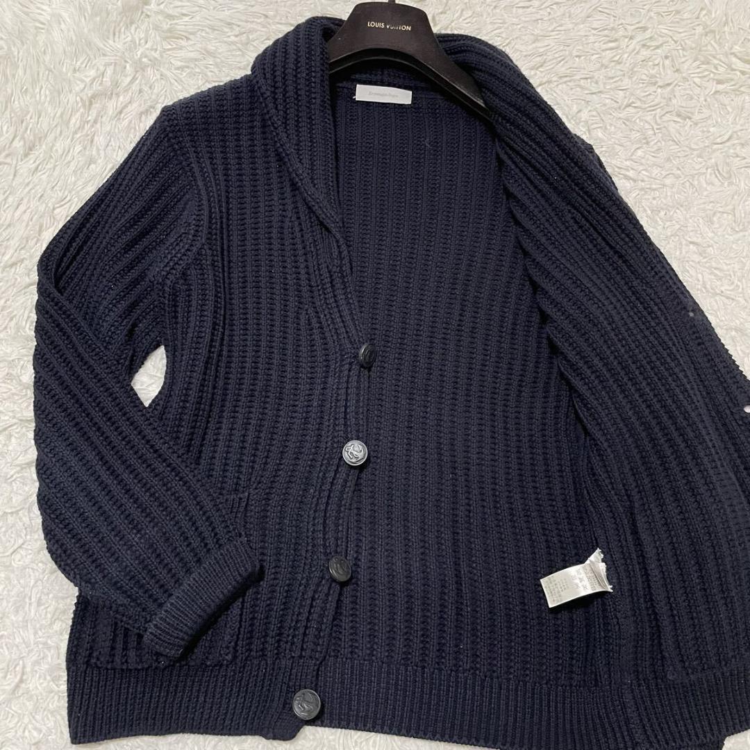 極美品 エルメネジルドゼニア ケーブルニットジャケット ショールカラー ネイビー