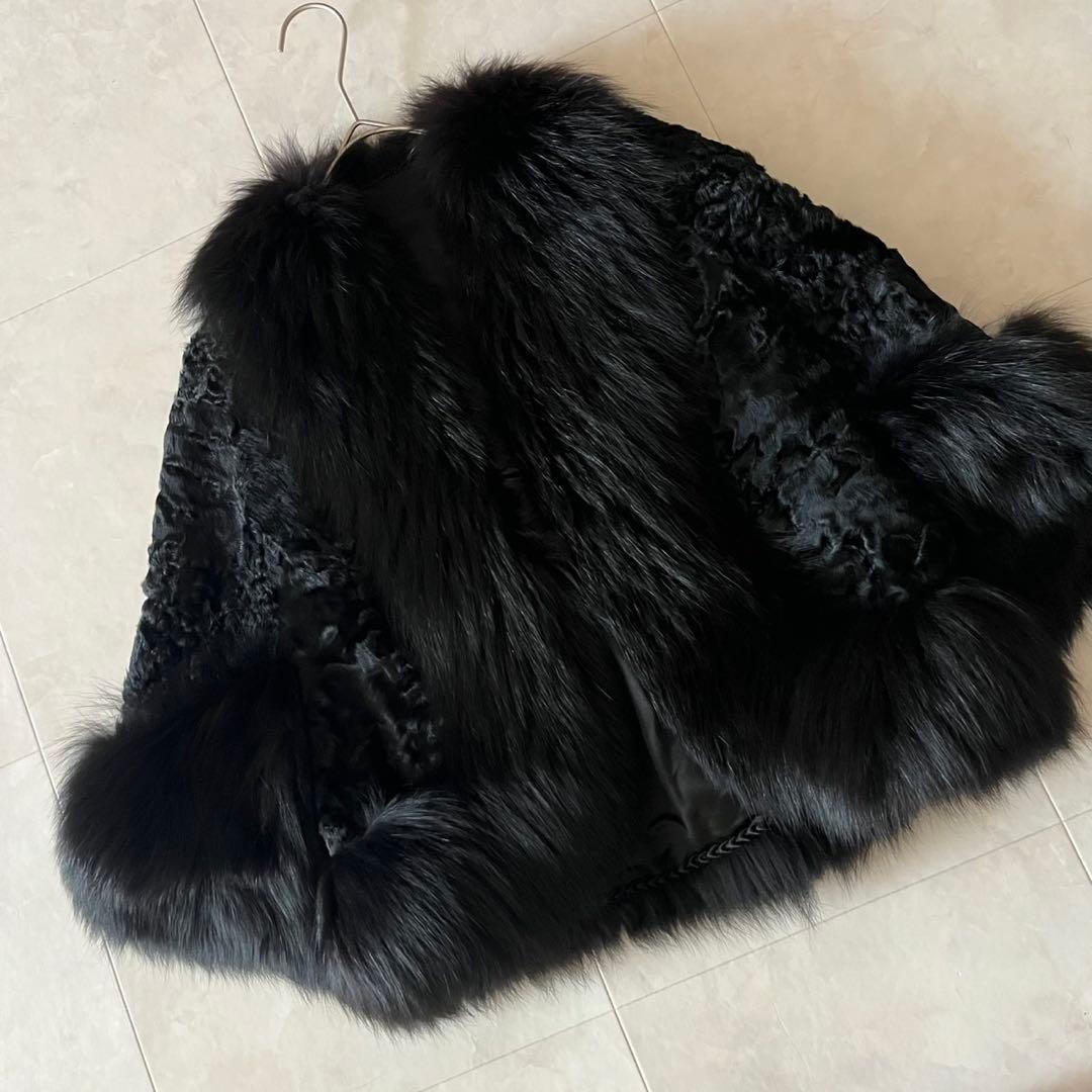 極美品✨フォックスファー× アストラカン　ブラック ケープコート　マントポンチョ