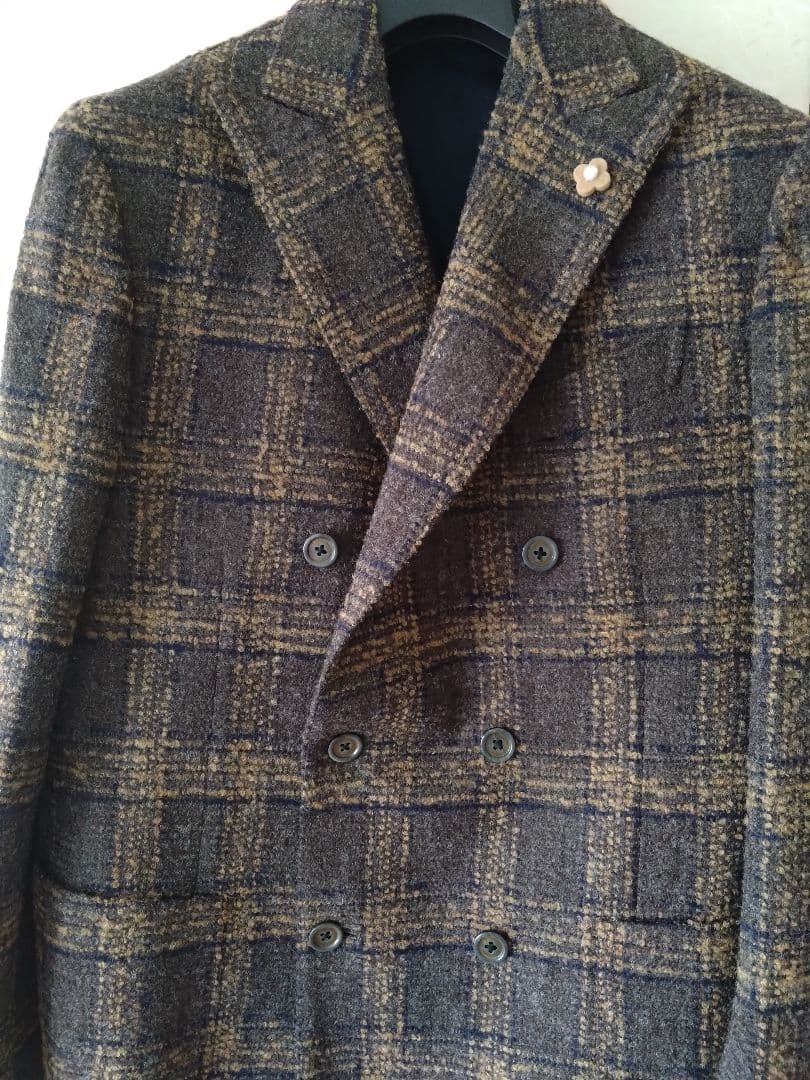 LARDINIチェック6BダブルJK＋ジレ イタリア製新品未使用ブートニエール付