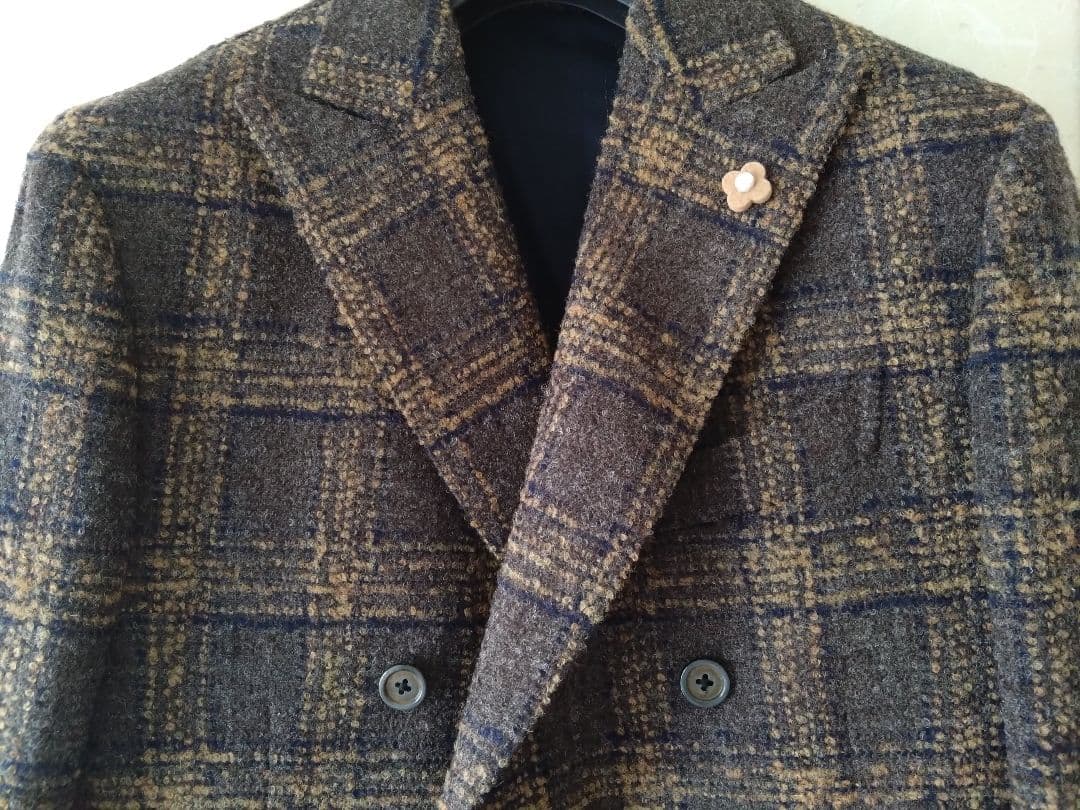 LARDINIチェック6BダブルJK＋ジレ イタリア製新品未使用ブートニエール付