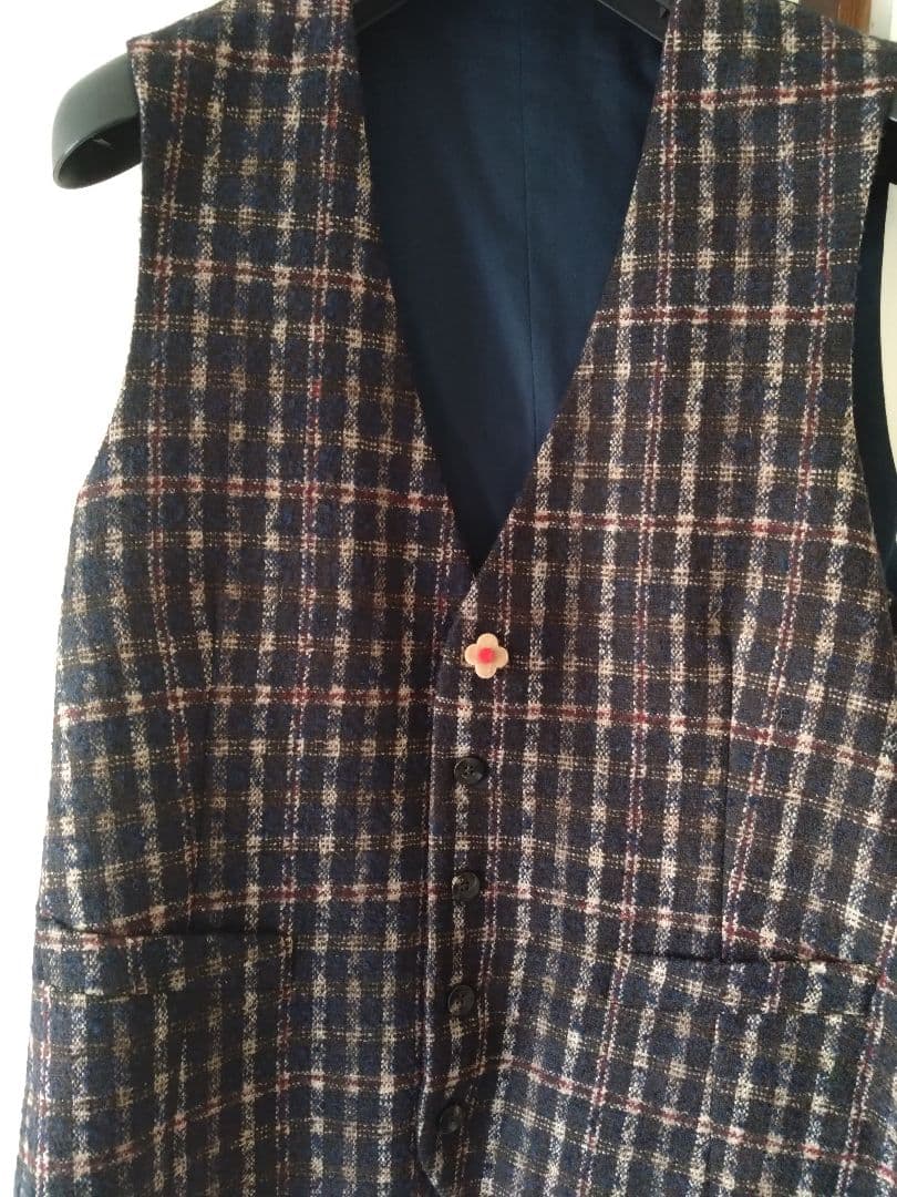 LARDINIチェック6BダブルJK＋ジレ イタリア製新品未使用ブートニエール付