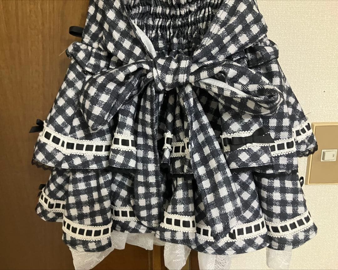 はしごリボンギンガムティアードスカパン ブラック タグ付き