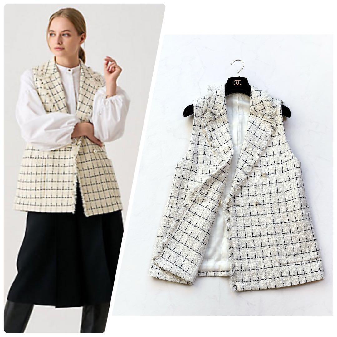 【ANAYI】定価6.4万　チェックツィードフリンジジレ　ベスト　パールボタン