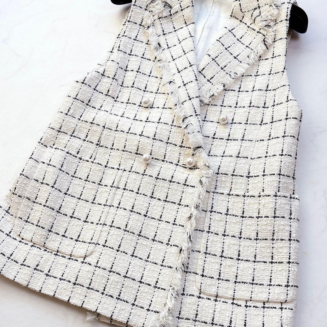 【ANAYI】定価6.4万　チェックツィードフリンジジレ　ベスト　パールボタン