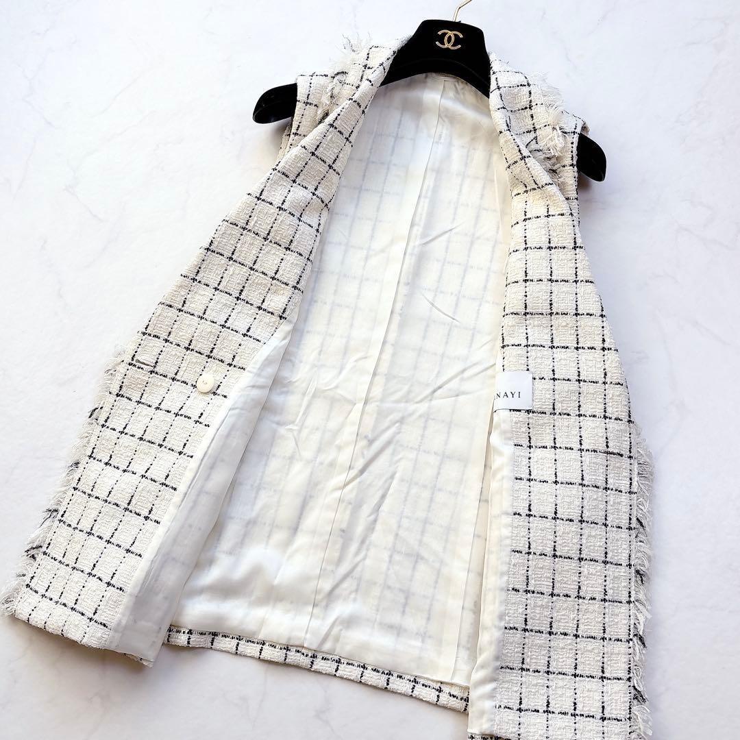 【ANAYI】定価6.4万　チェックツィードフリンジジレ　ベスト　パールボタン