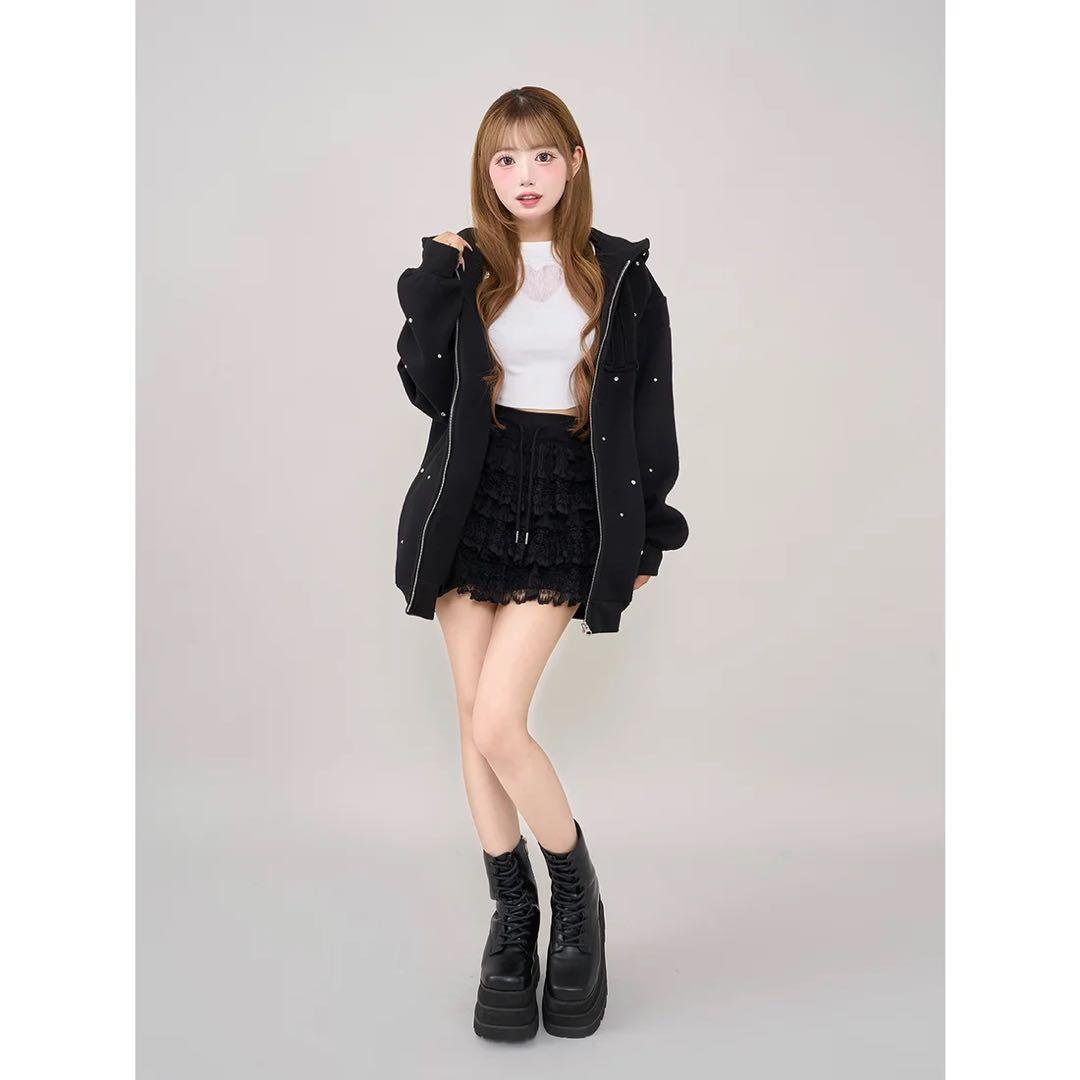 新品タグ付 ブラック フリー ダーリッチ DDロゴビジュージップパーカー F 黒