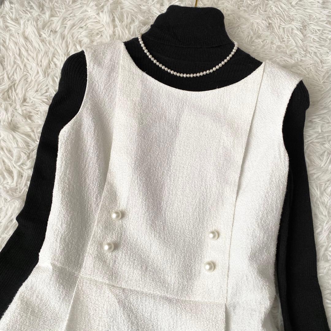 極美品✨Rene TISSUE 高級ツイードワンピース フレア パール ホワイト