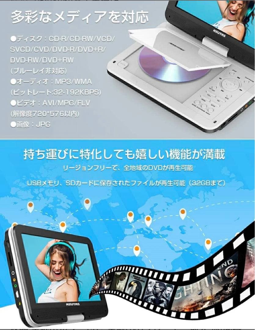 ❣️車載ホルダー付き❣️ポータブルDVDプレーヤー 10.5インチ液晶