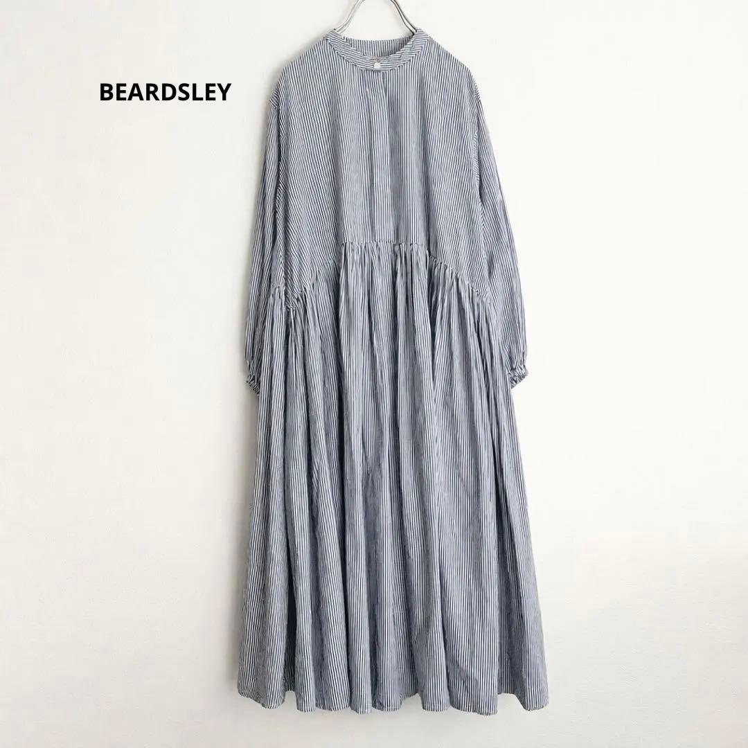 定価2.2万 ビアズリー 先染めギャザーワンピース ストライプ ネイビー 定番