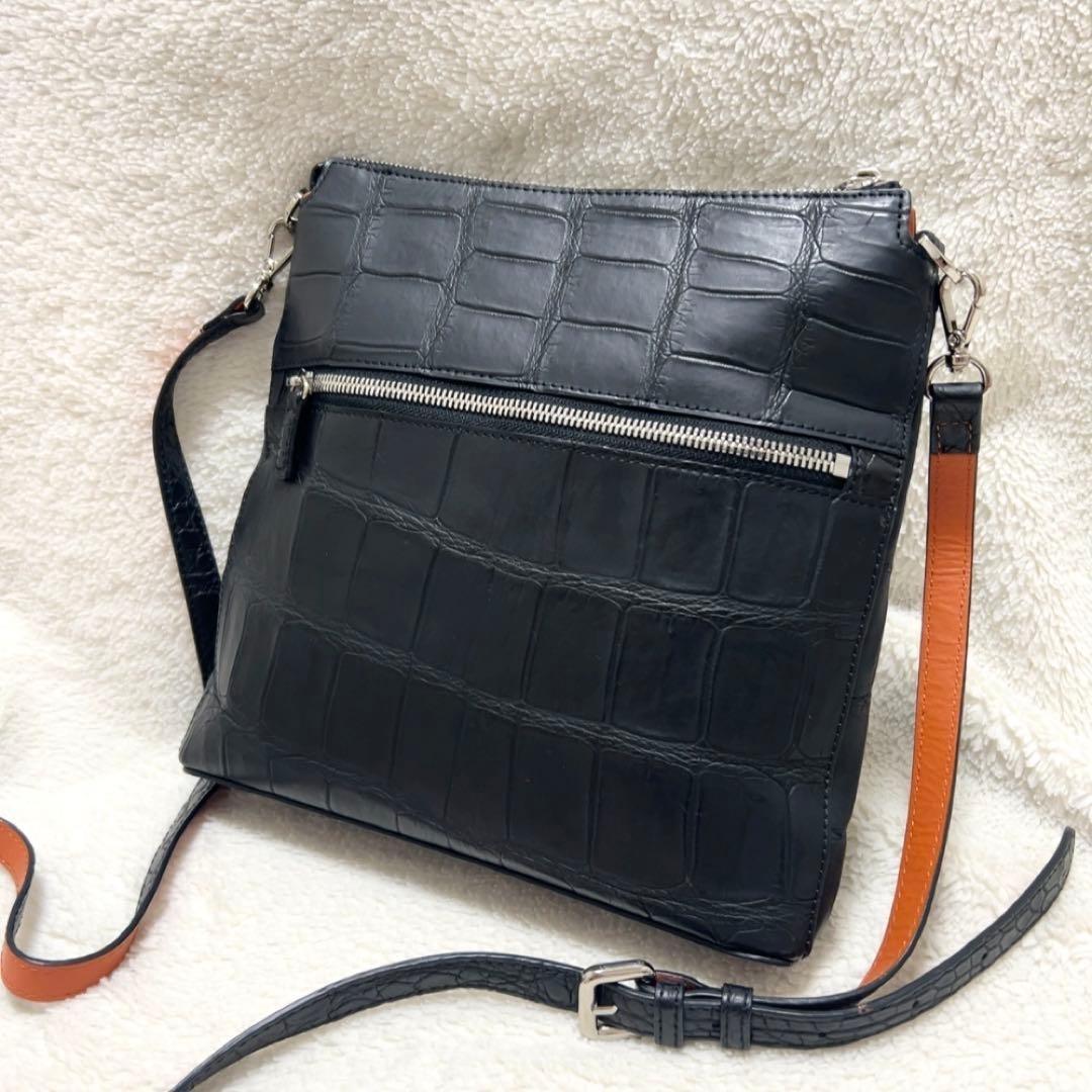 美品 本革 ショルダーバッグ クロコダイル レディース 黒 ブラック 三京商会