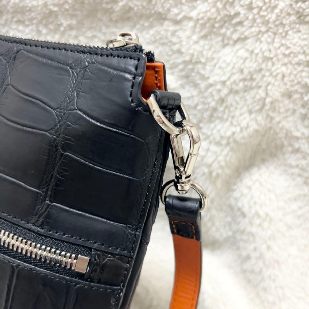 美品 本革 ショルダーバッグ クロコダイル レディース 黒 ブラック 三京商会
