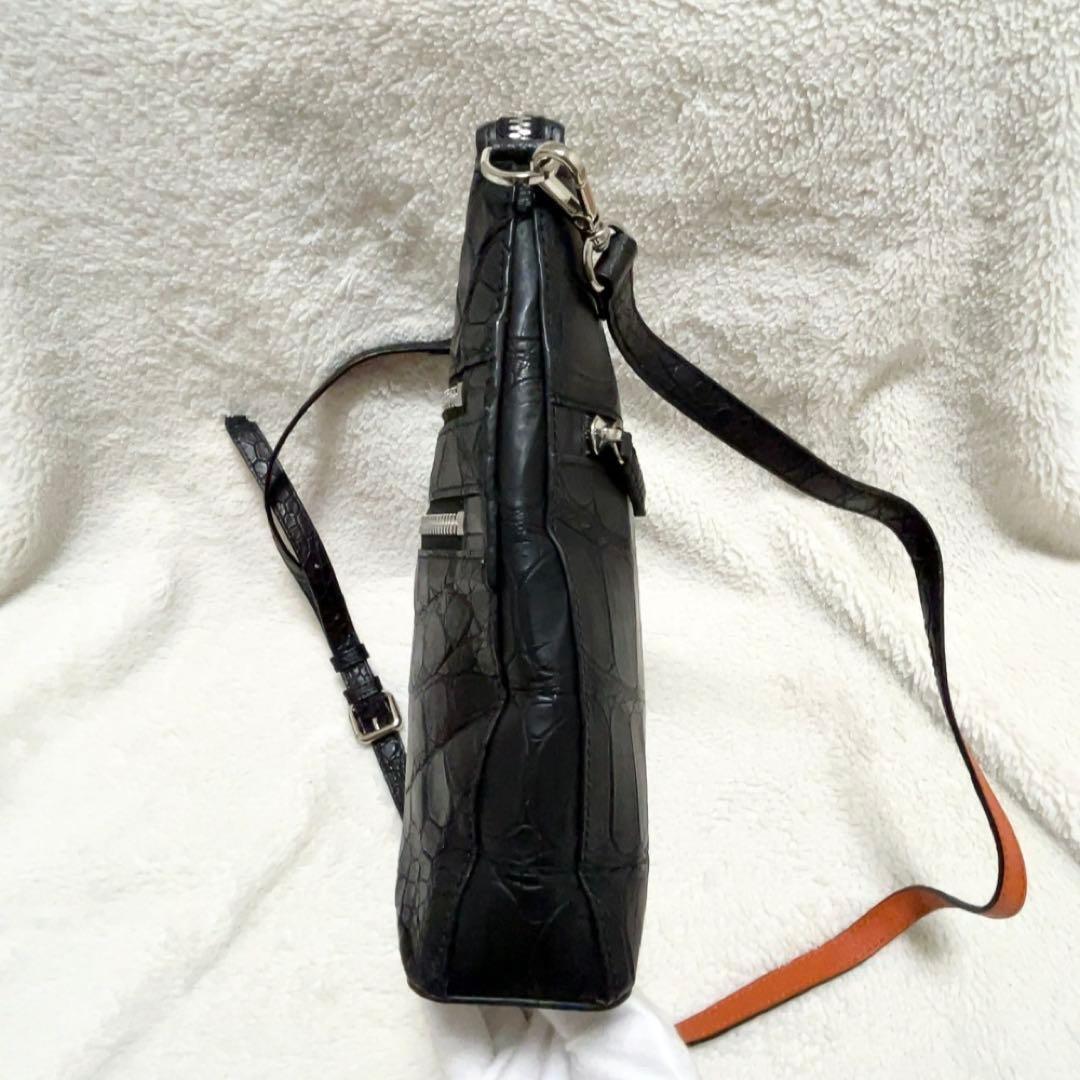 美品 本革 ショルダーバッグ クロコダイル レディース 黒 ブラック 三京商会