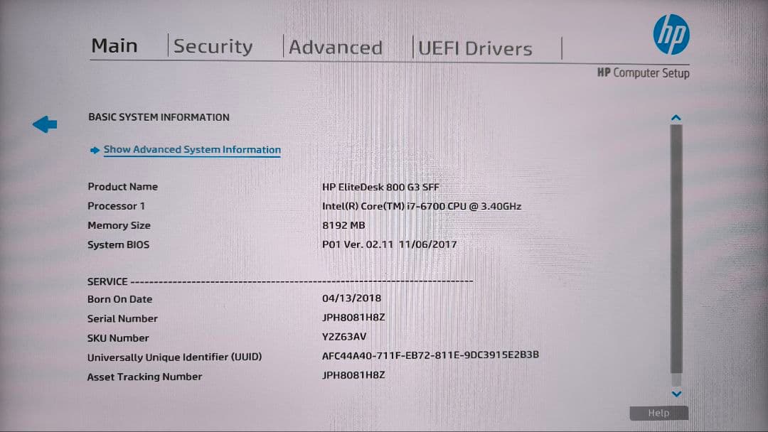 HP EliteDesk 800 G3 SFF【i7-6700 8GB】