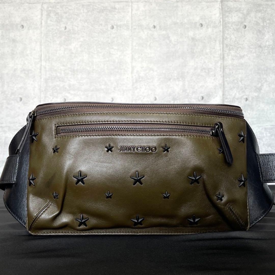 専用品JIMMY CHOO OSCAR オスカー カーキ レザー ボディバッグ