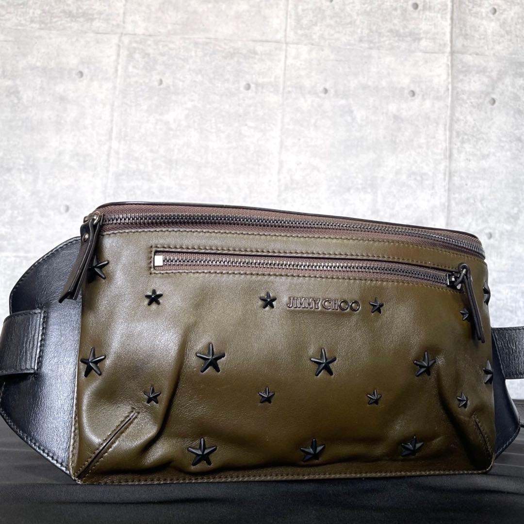 専用品JIMMY CHOO OSCAR オスカー カーキ レザー ボディバッグ
