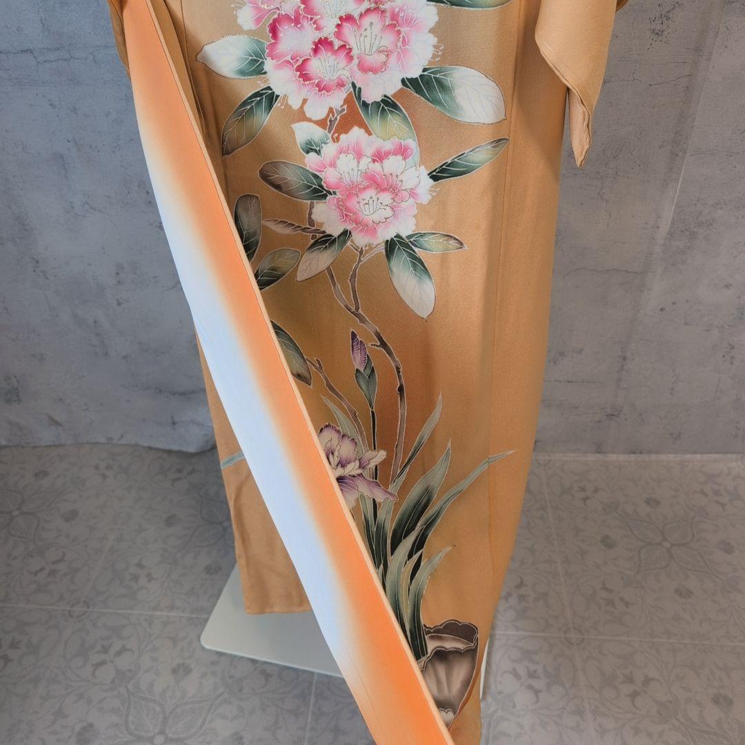 訪問着　フルセット　着物　正絹　生け花　しつけ糸　金　華やか　黄橙　C2