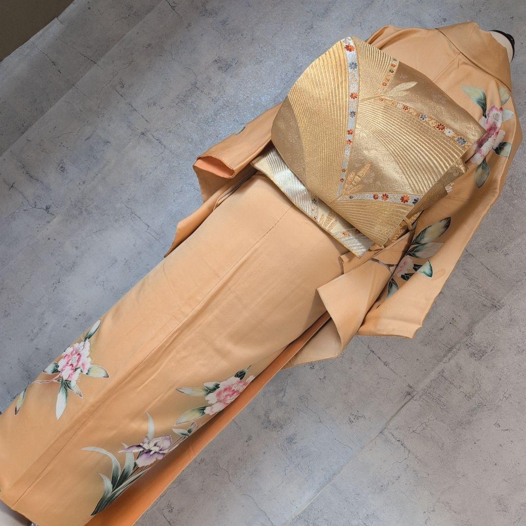 訪問着　フルセット　着物　正絹　生け花　しつけ糸　金　華やか　黄橙　C2