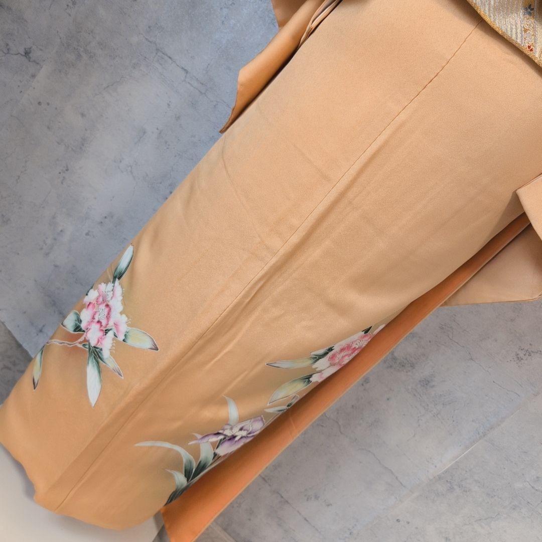 訪問着　フルセット　着物　正絹　生け花　しつけ糸　金　華やか　黄橙　C2