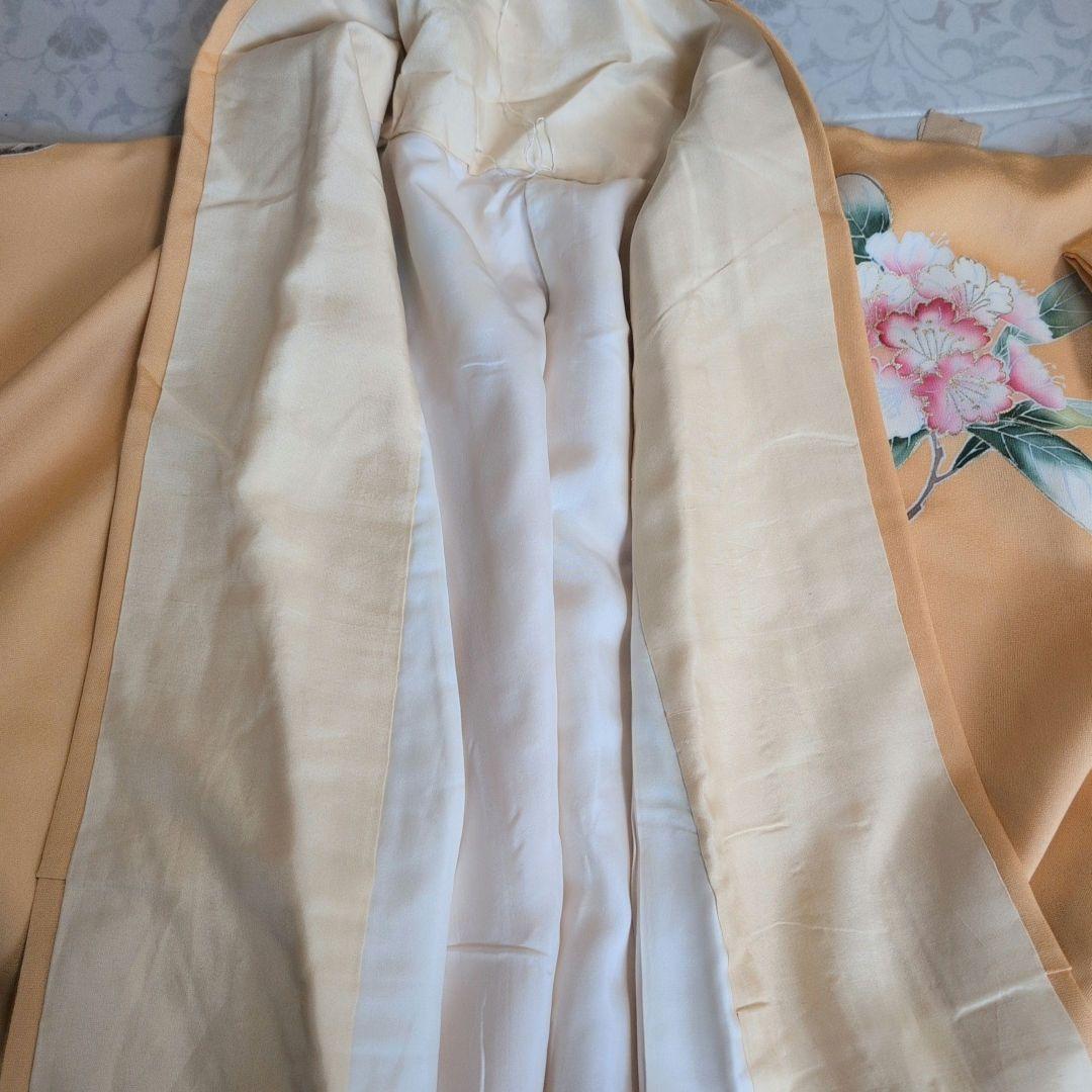 訪問着　フルセット　着物　正絹　生け花　しつけ糸　金　華やか　黄橙　C2