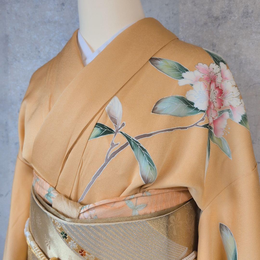 訪問着　フルセット　着物　正絹　生け花　しつけ糸　金　華やか　黄橙　C2