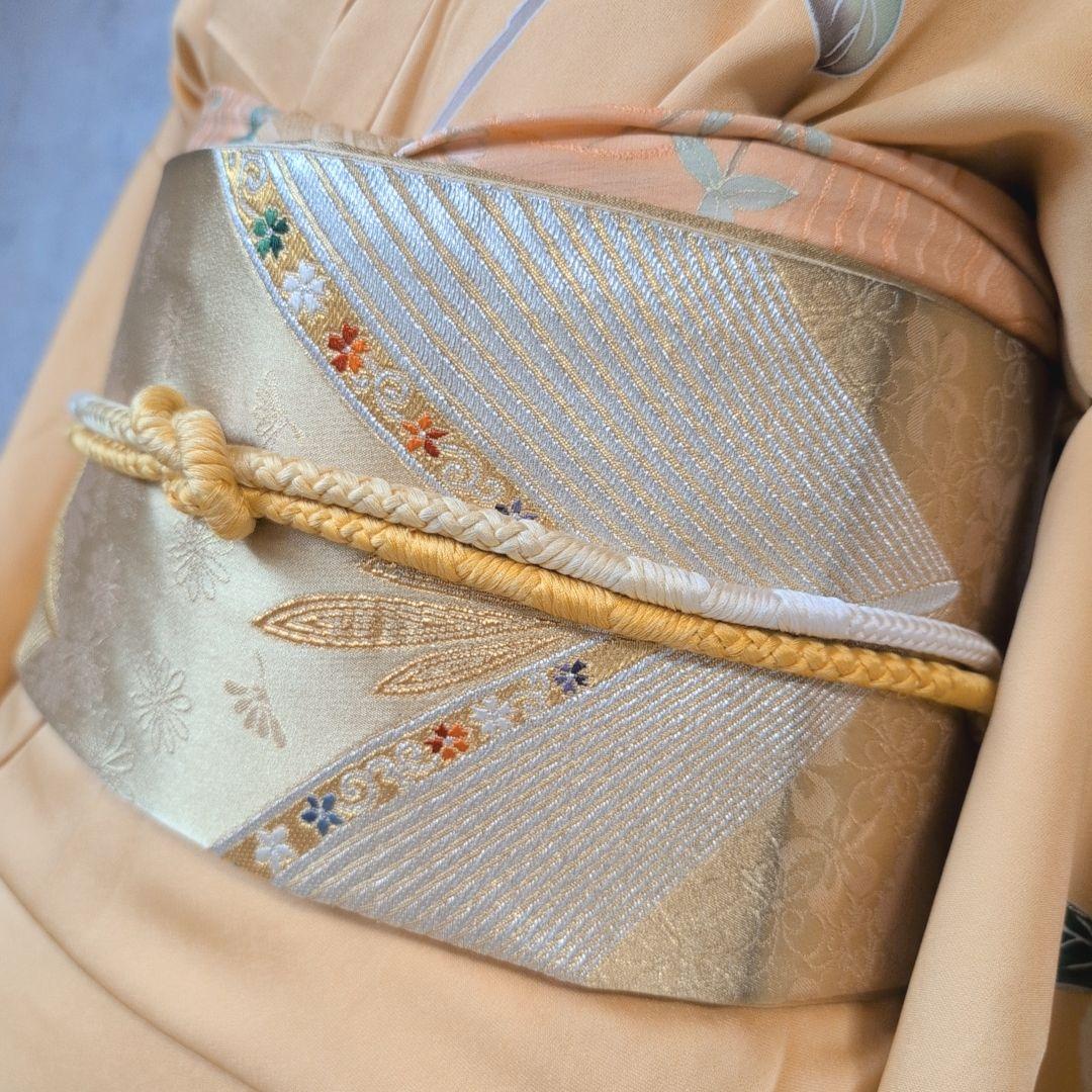 訪問着　フルセット　着物　正絹　生け花　しつけ糸　金　華やか　黄橙　C2