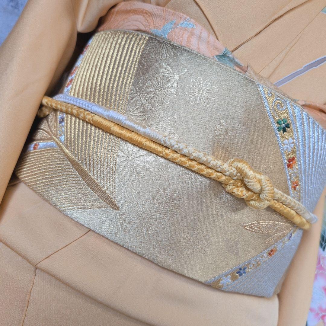 訪問着　フルセット　着物　正絹　生け花　しつけ糸　金　華やか　黄橙　C2