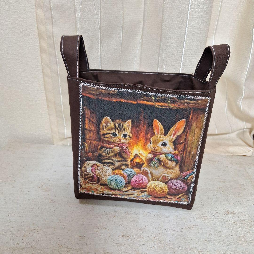 激レアねこパネル生地　ハンドメイド　布バスケット