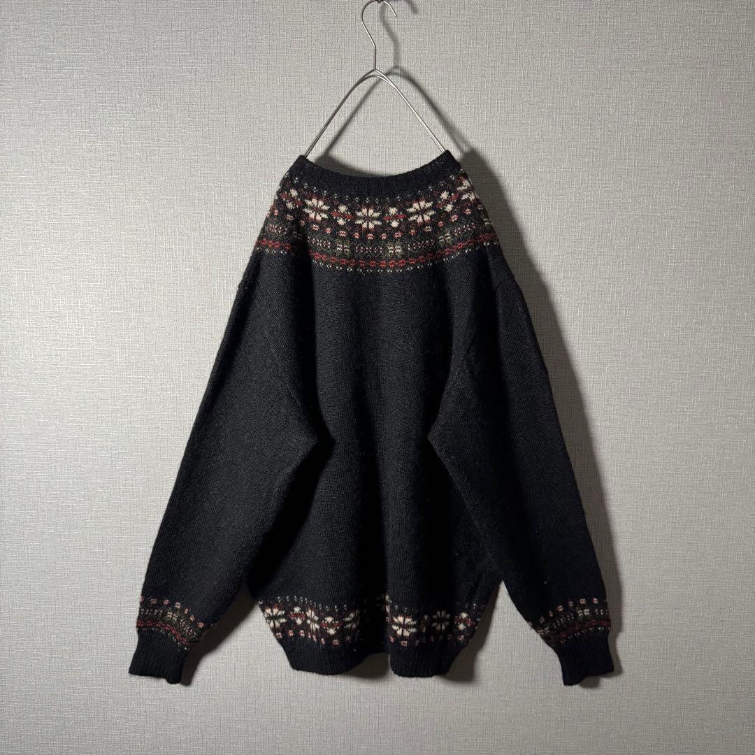 超希少★カールヘルム モヘアニット ヘンリーネック ノルディック柄 黒 XL程度