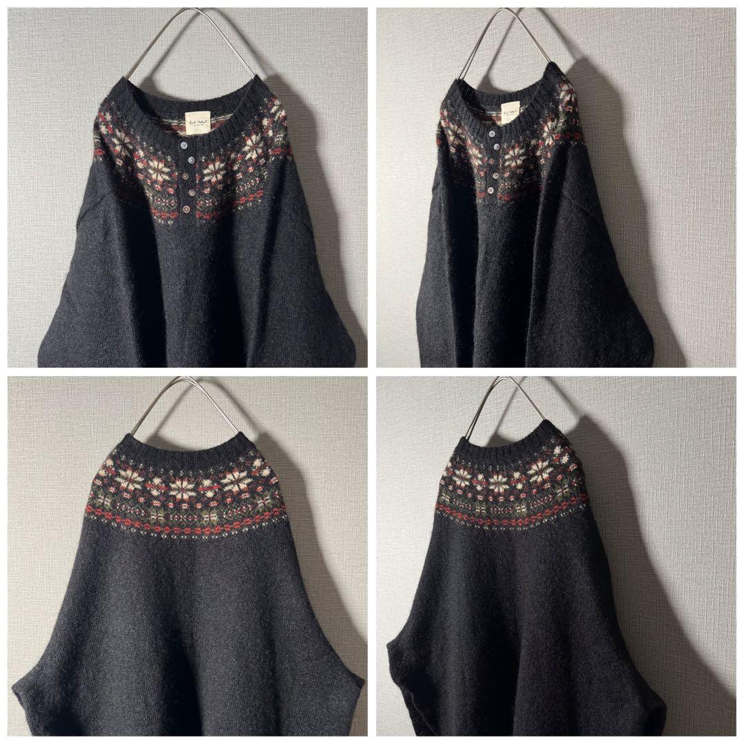 超希少★カールヘルム モヘアニット ヘンリーネック ノルディック柄 黒 XL程度