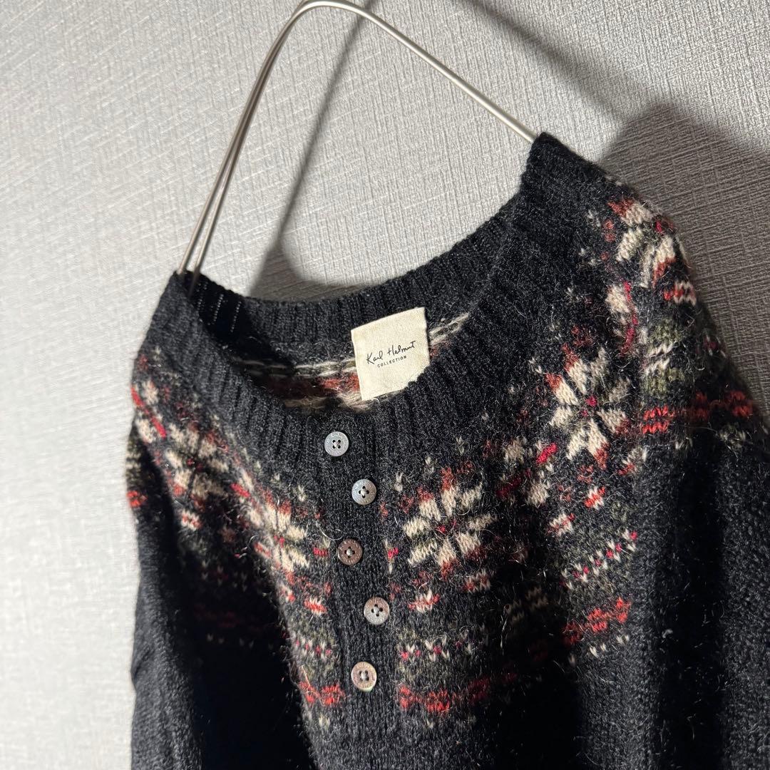 超希少★カールヘルム モヘアニット ヘンリーネック ノルディック柄 黒 XL程度