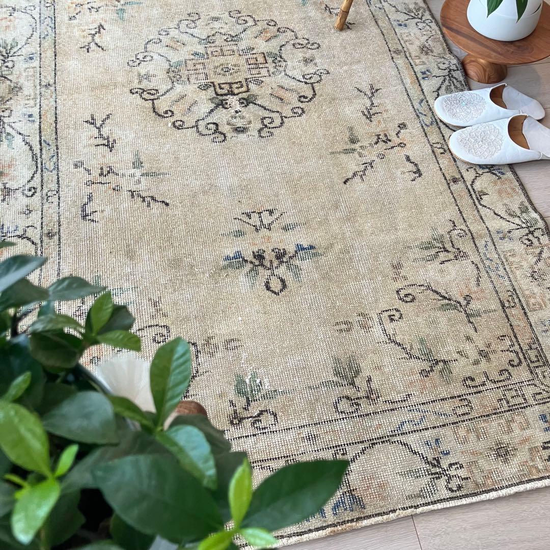 シノワズリ✳︎109×200ロイヤルミルクティー　グリーン　トルコヴィンテージラグ