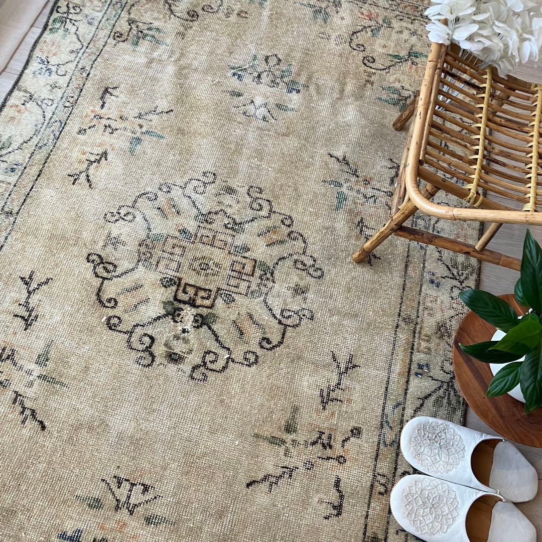 シノワズリ✳︎109×200ロイヤルミルクティー　グリーン　トルコヴィンテージラグ