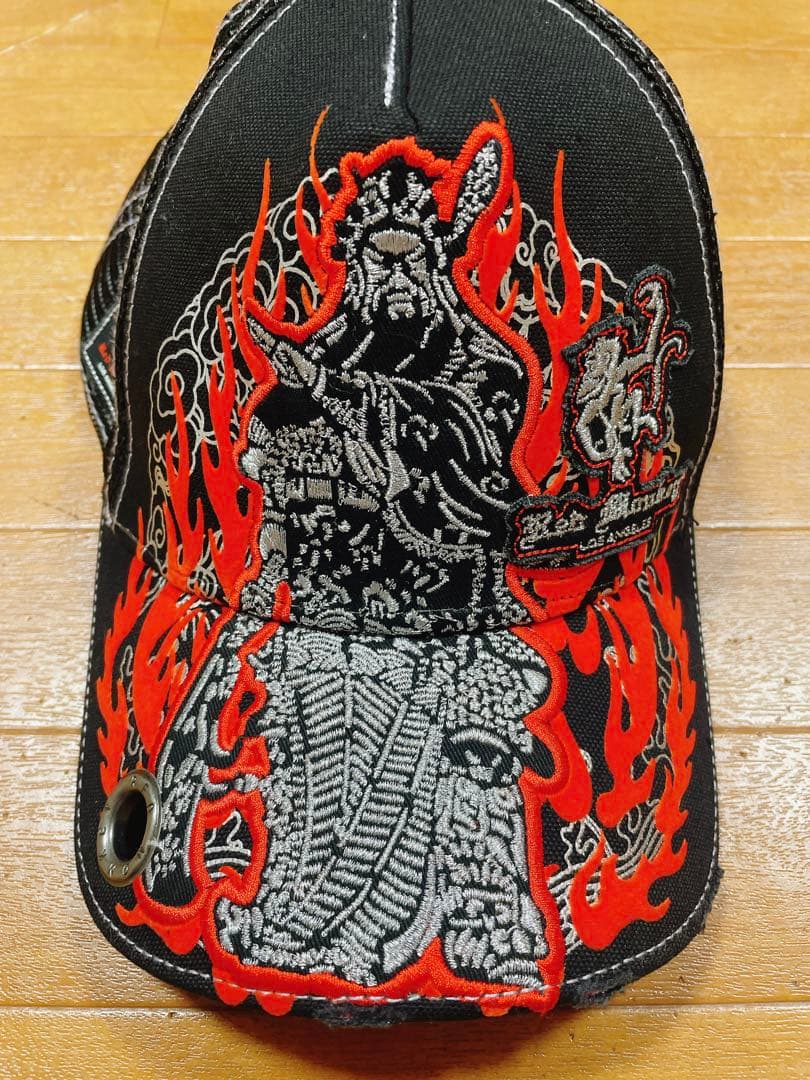 red monkey 炎 ファイア 刺繍 キャップ 帽子 ブラック エンペラー