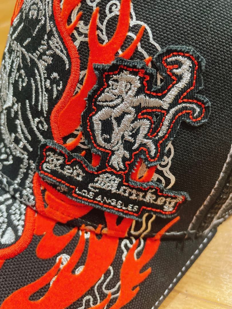 red monkey 炎 ファイア 刺繍 キャップ 帽子 ブラック エンペラー