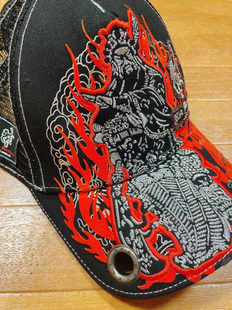 red monkey 炎 ファイア 刺繍 キャップ 帽子 ブラック エンペラー