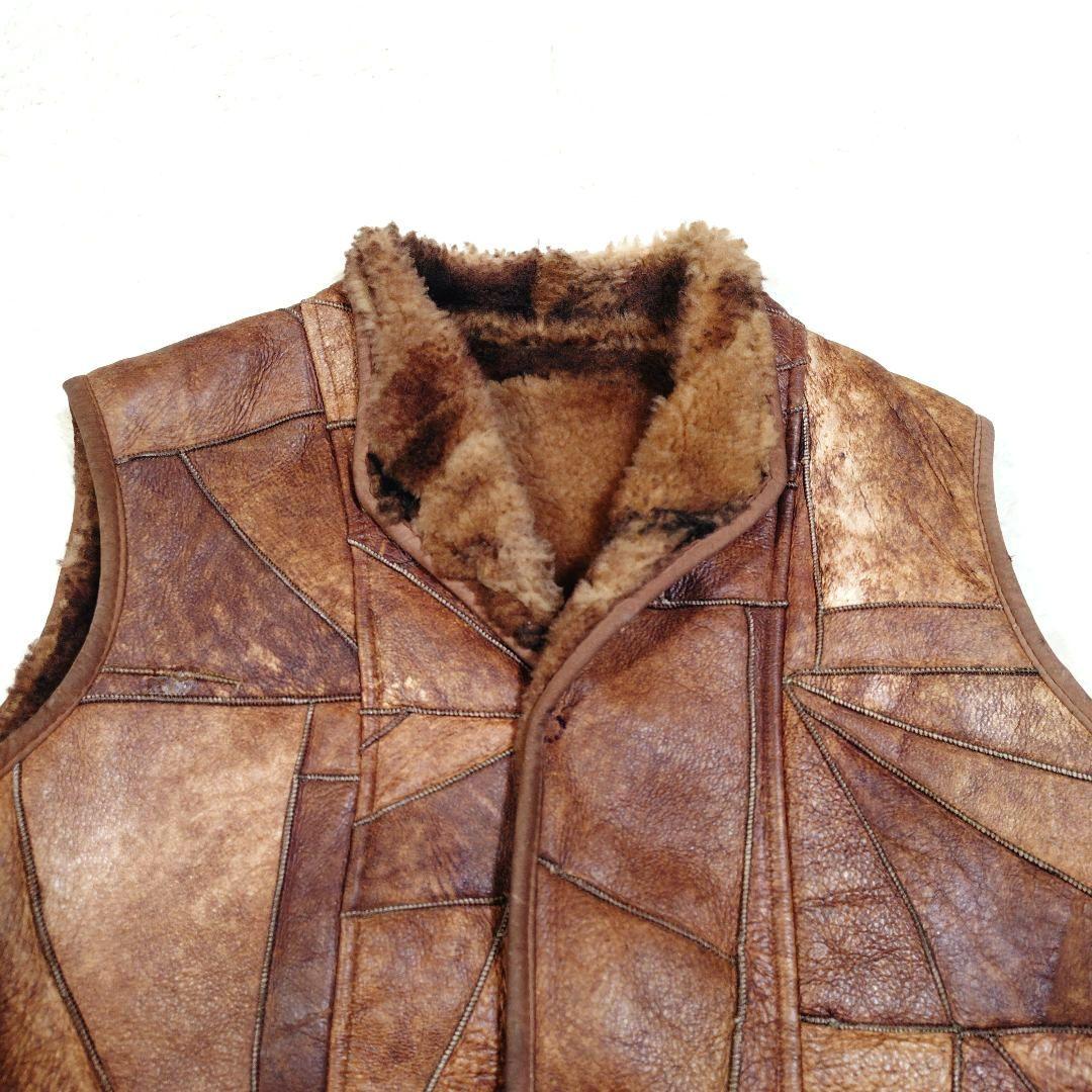 シープスキン 内ボア パッチワーク ベスト くるみボタン ヴィンテージ Lサイズ