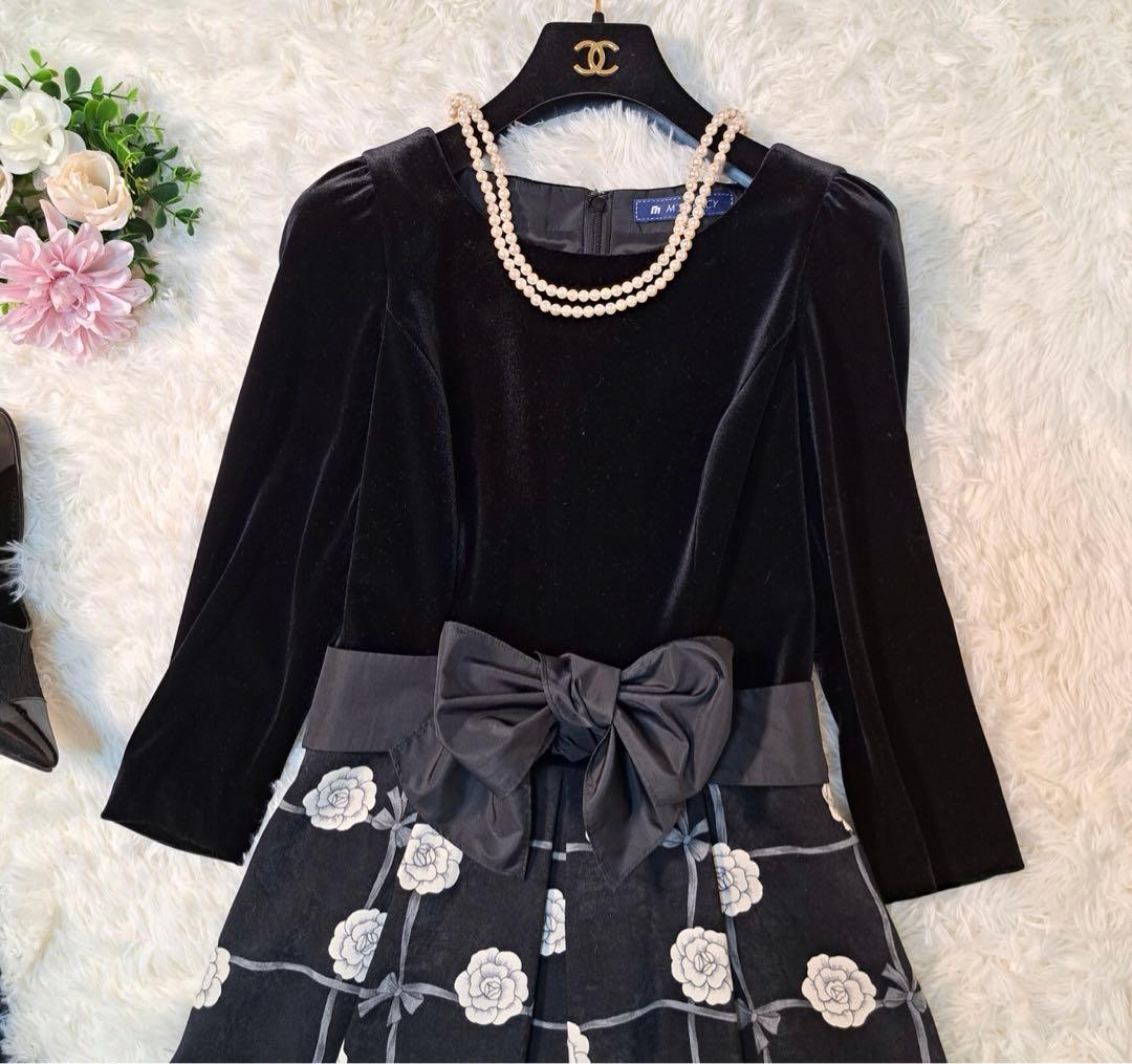 高級✨エムズグレイシー　スカート　花柄　ベロア　38 長袖　黒　リボン　M