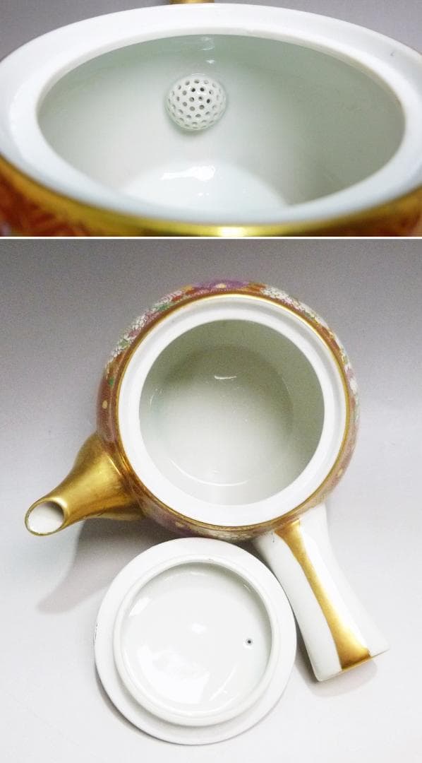 o0515-67 九谷焼 九谷美泉 番茶器揃 花詰 急須 蓋付湯呑5客 共箱