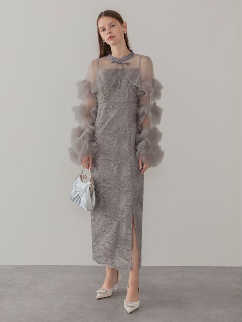 フリルチュールスリーブリボンIラインワンピースドレス結婚式二次会パーティー成人式