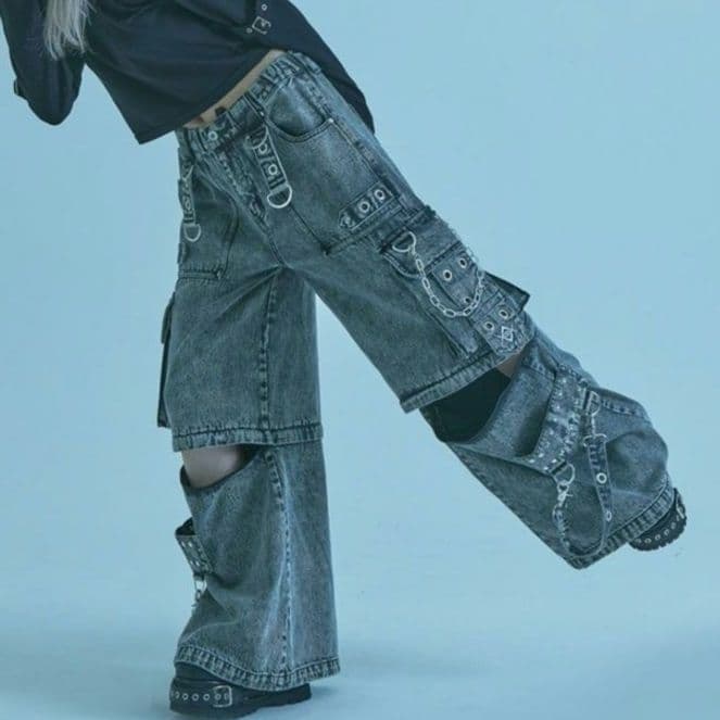 REFLEM レフレム 2WAYボンテージワイドデニムカーゴパンツ グレー