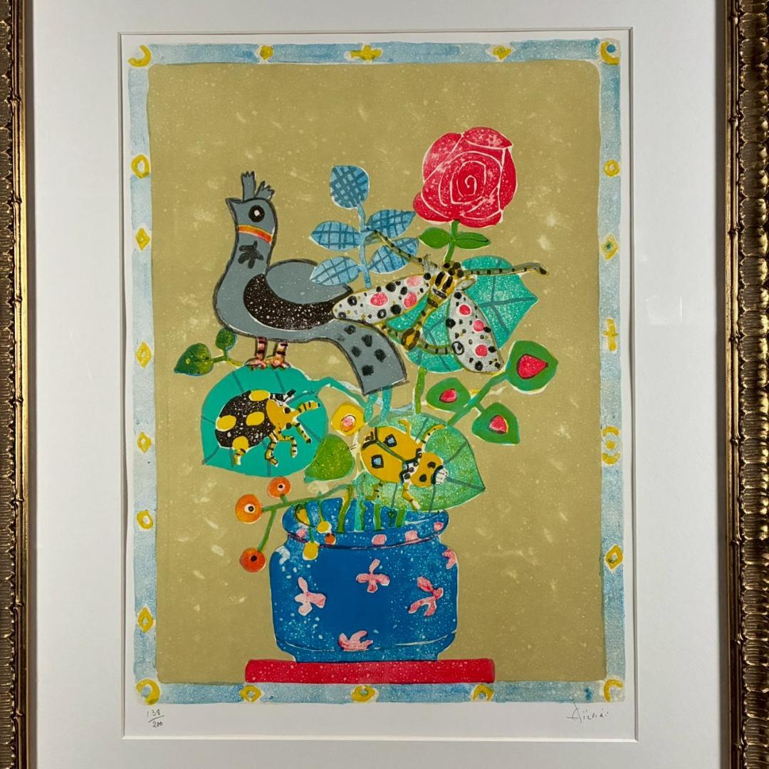 美品 ポール・アイズピリ「鳥と花束」リトグラフ 直筆サイン入 豪華額装 パリ画壇