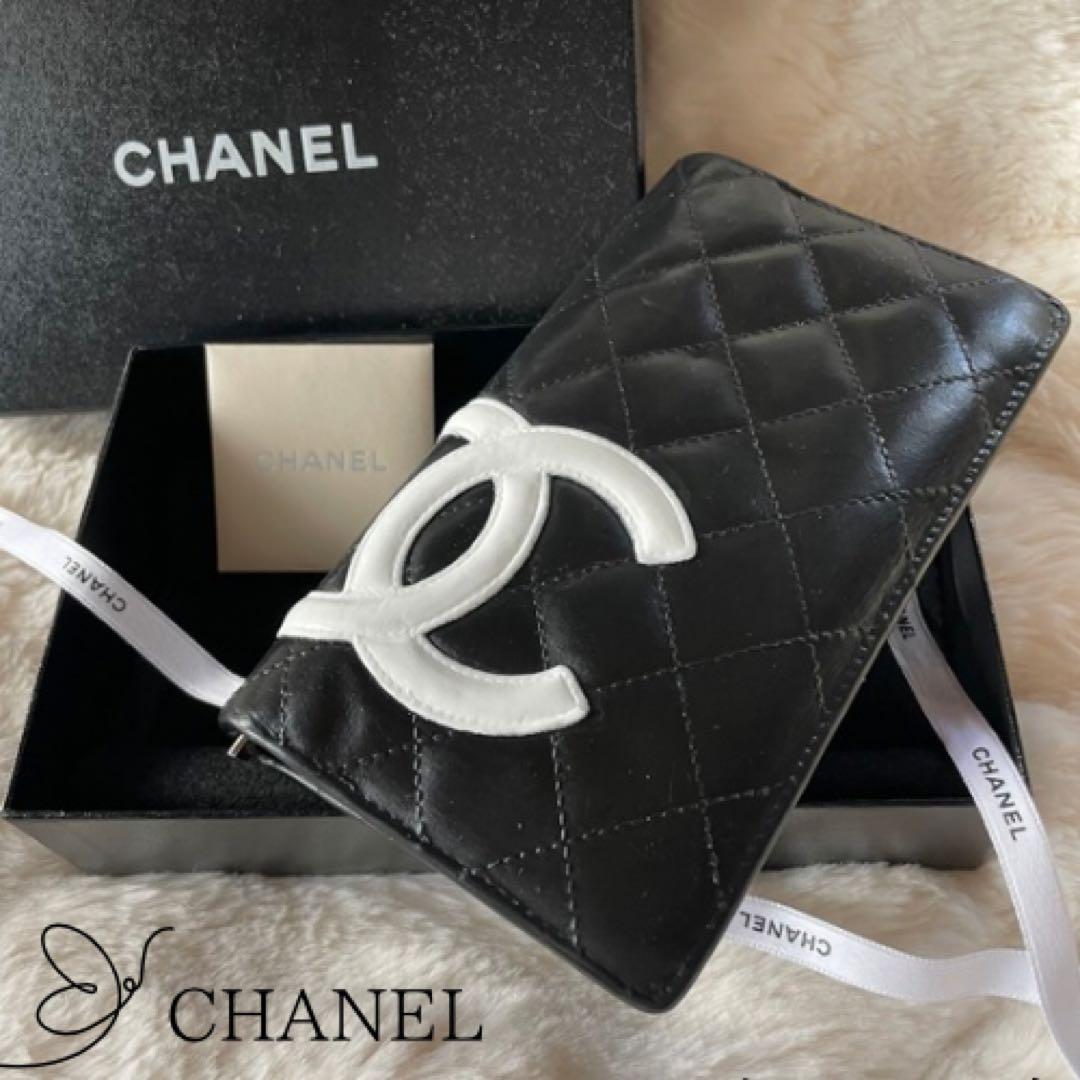 シャネル CHANEL 財布 二つ折りカンボンライン ココ 黒 白 ピンク