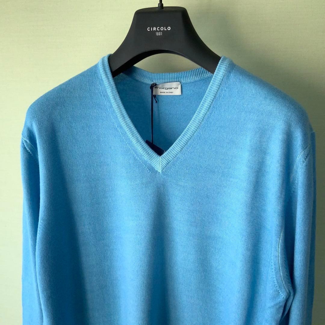 新品MORGANOモルガーノ ウールVネックニット50 ブルー イタリア製