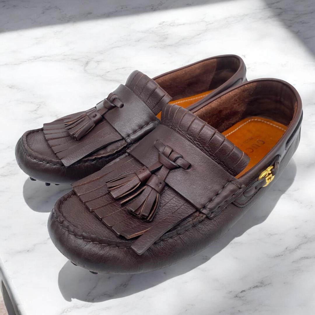 GUCCI インターロッキング　タッセル　ドライビングシューズ　茶
