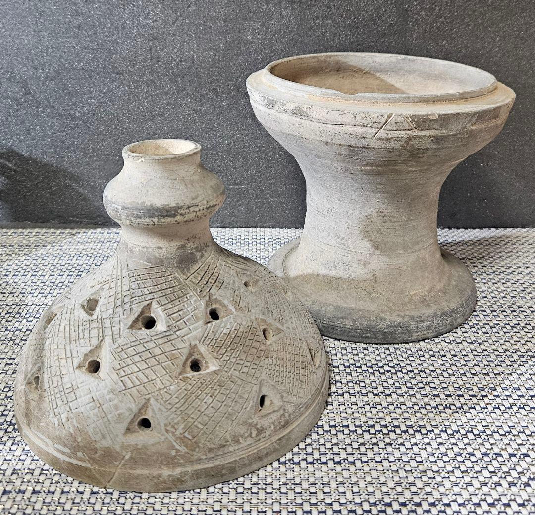 朝鮮半島古陶磁器　新羅土器　三角透かし造幾何学文様蓋付　香炉　祭器　古代陶磁器