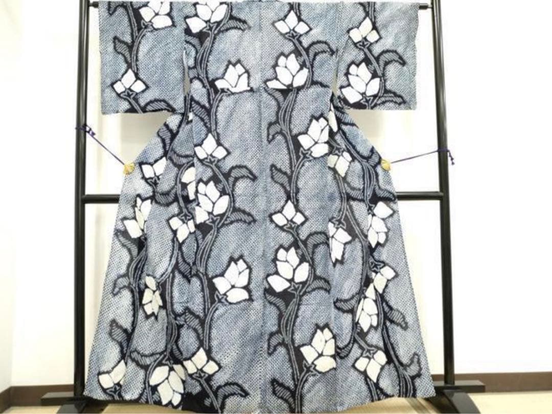 【浴衣】有松鳴海絞り◆三越誂え◆手縫い 花柄 紺 身丈160 裄65 洗濯済み