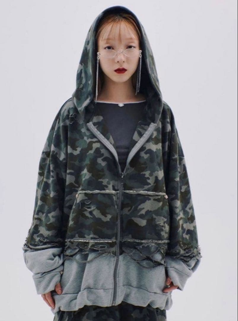 neith. Layered Crush Hoodie(Camo×Gray)