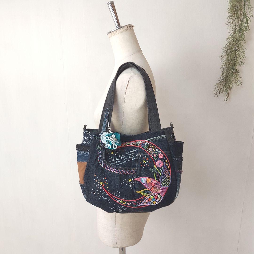 【蘭太郎】刺繍デニムバック　No.666　デニムリメイク　刺繍バック