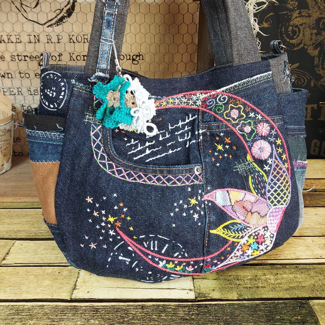 【蘭太郎】刺繍デニムバック　No.666　デニムリメイク　刺繍バック